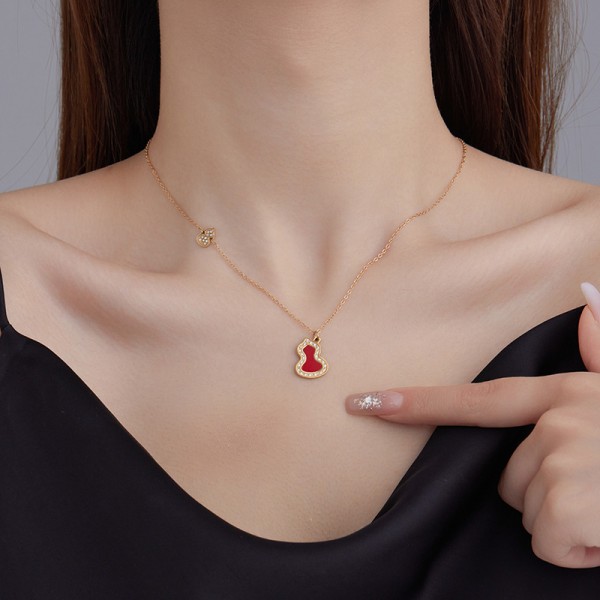18K Vacuum Electroplated Stainless Steel Women's Necklace Micropaved Zircon Double Gourd Necklace Stainless Steel Jewelry
