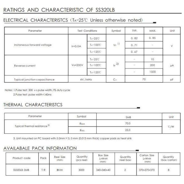 SS34LB THRU SS320LB Series 3A Current Low Vf Schottky Diode IF 3A with SMB Package