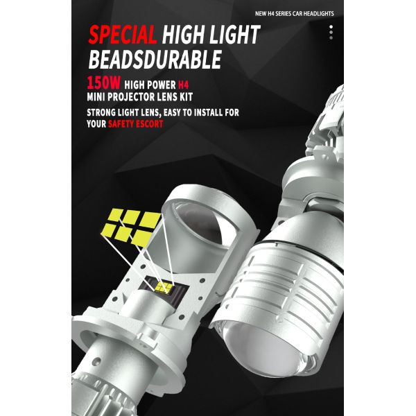H4 Projector LED Headlight 150W 15000LM Dual Beam Plug and Play IP68
