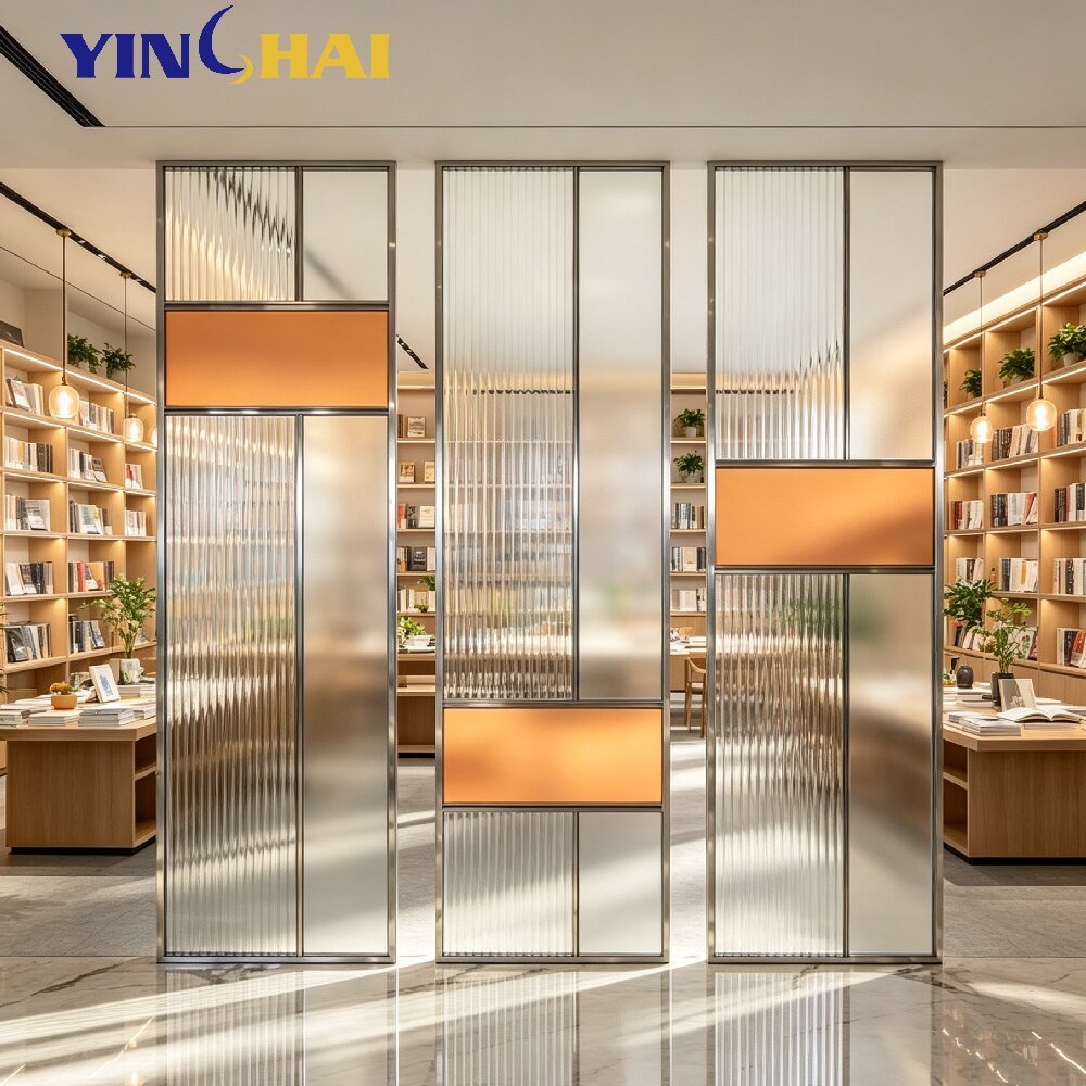 Custom Modern Stainless Steel Screen Partition With Reeded Glass & Color Panels