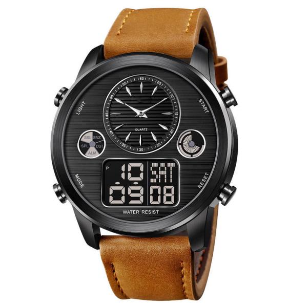 Trend Design Watch Men Clock Wrist Watch Leather Two Time Zone Watches for Men 1653