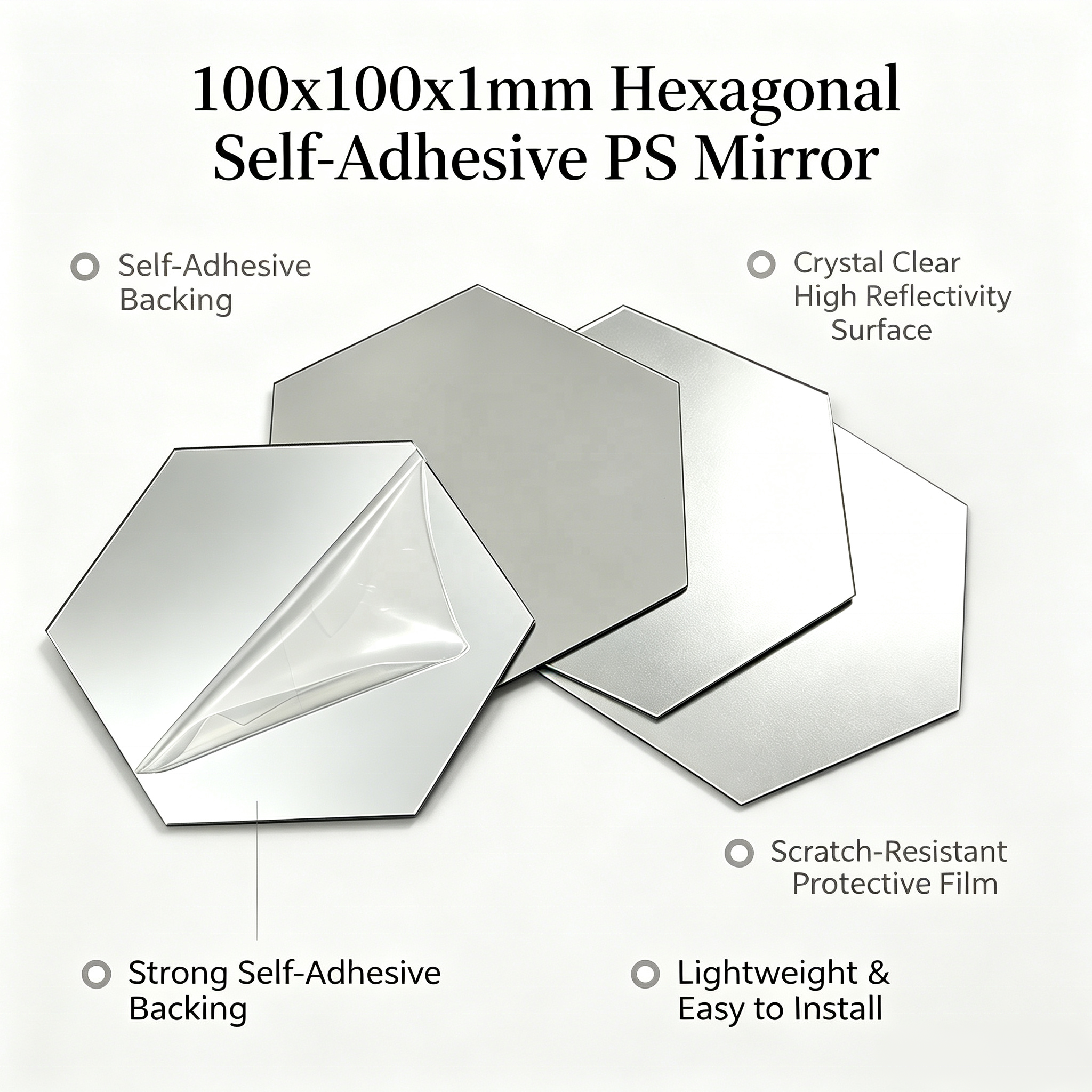 Hexagon PS Mirror Sheet Waterproof Self Adhesive Mirror Tile Peel And Stick