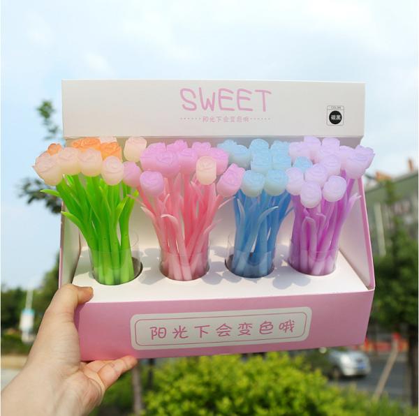 Color Changing Flower Pens - Pack Of 30 Ballpoint Pens Creative Gel Ink Rollerball Pen For School Home Office Stationery Store Kids Girls Gift, Black 0.38mm (Tulip)