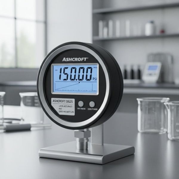 Ashcroft DG25 digital pressure gauge with ±0.5% accuracy, IP67 enclosure rating, and 2,000 hours battery life