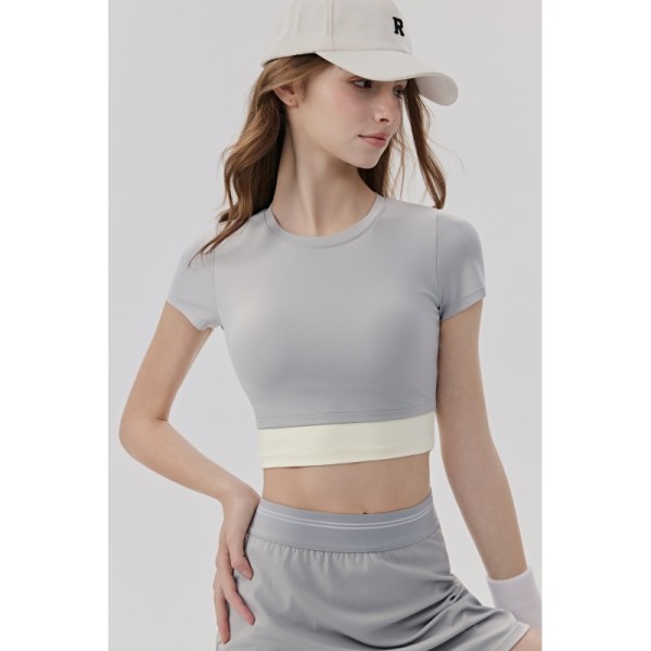 Mint Green Short Sleeve Cropped Workout Top with Contrast Band for Yoga and Fitness