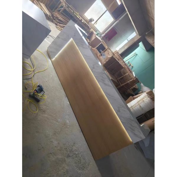 Modern Large Wooden Front Reception Desk With Counter L-shaped Commercial Office Entrances Bar Tables