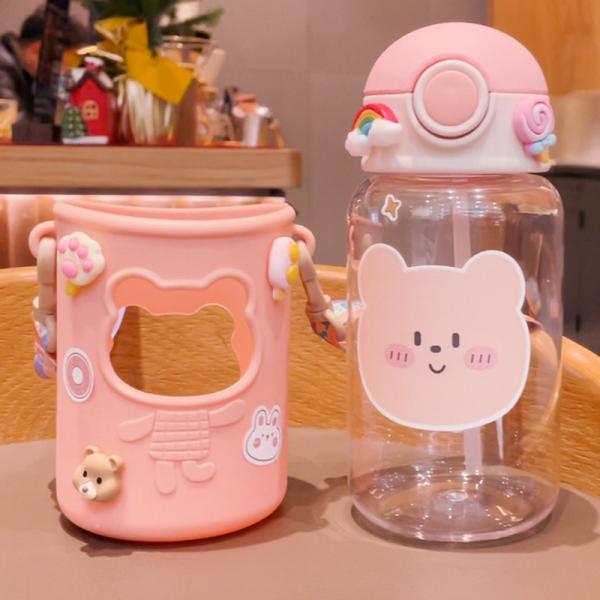 620ml Portable 3D Sticker Plastic Water Bottle Cute Bear Design for Kids and Students