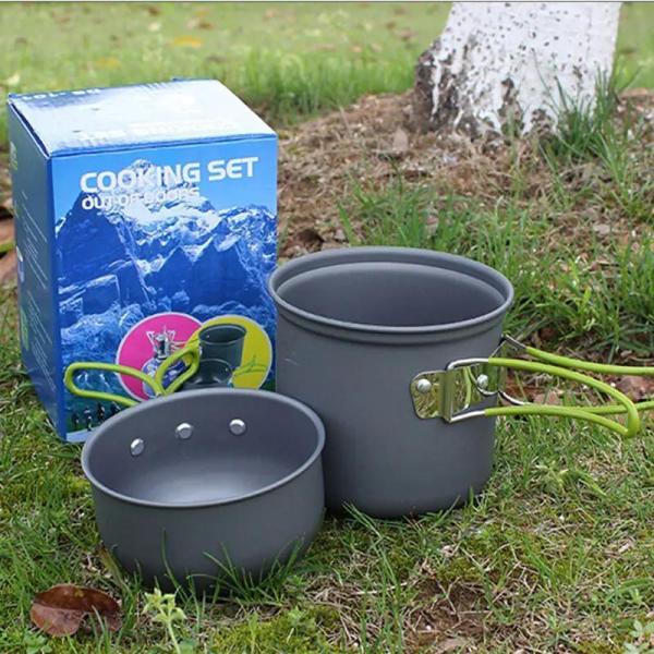 Outdoor Portable Aluminum Camping Pot Cookware Set Tableware Set with Grey Green Handle