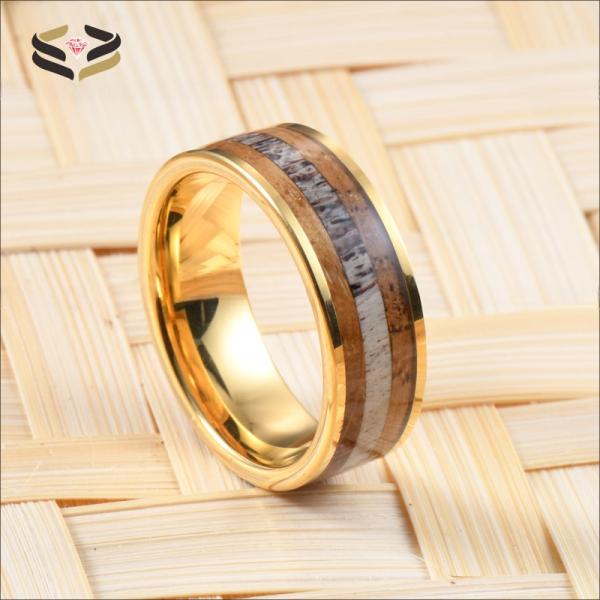 Wedding Whiskey Barrel Wood Antler Ring Inlay Gold Custom Tungsten Carbide Rings Men