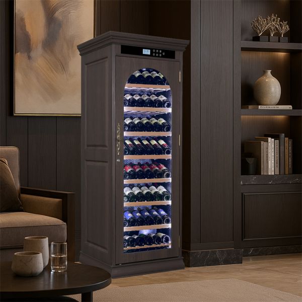 Dark Brown Solid Wood Freestanding Wine Cooler Cabinet with Arched Glass Door and Digital Control Panel