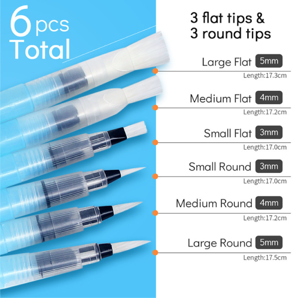 Wholesale 6pcs portable nylon hair watercolor empty brush OEM artist brush pens set for kids drawing