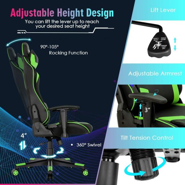 Adjustable Lumbar Support Racing Ergonomic Gaming Chair for Adults ALINUNU RGB Chair