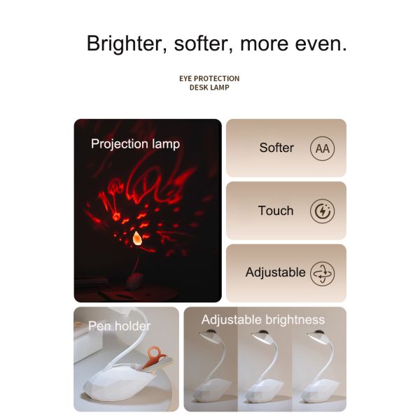Swan projection eye protection desk lamp,Three level dimming+7-color projection, atmosphere lamp