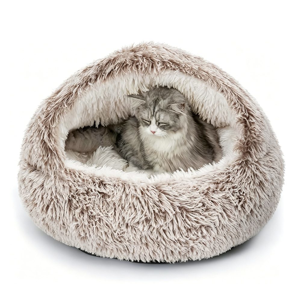 Plush Hooded Cat Bed With Removable Washable Cover And Non Slip Bottom For Indoor Pets