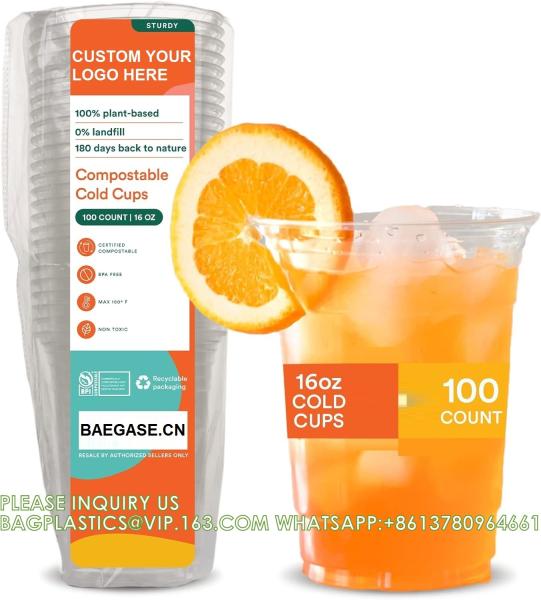 24oz PLA Eco-Friendly Cup With Lid 100% Compostable, Disposable Party Cups Transparent Disposable 8oz 12oz 16oz