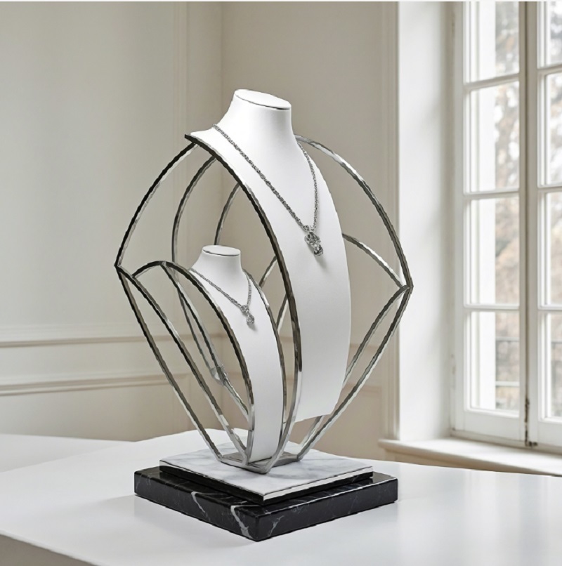 Modern Artistic Jewelry Display Stand Custom Stainless Steel Velvet Necklace Showcase for High-End Jewelry Boutique