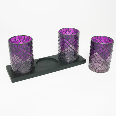 Mosaic Glass Votive candle Holders on the wood tray