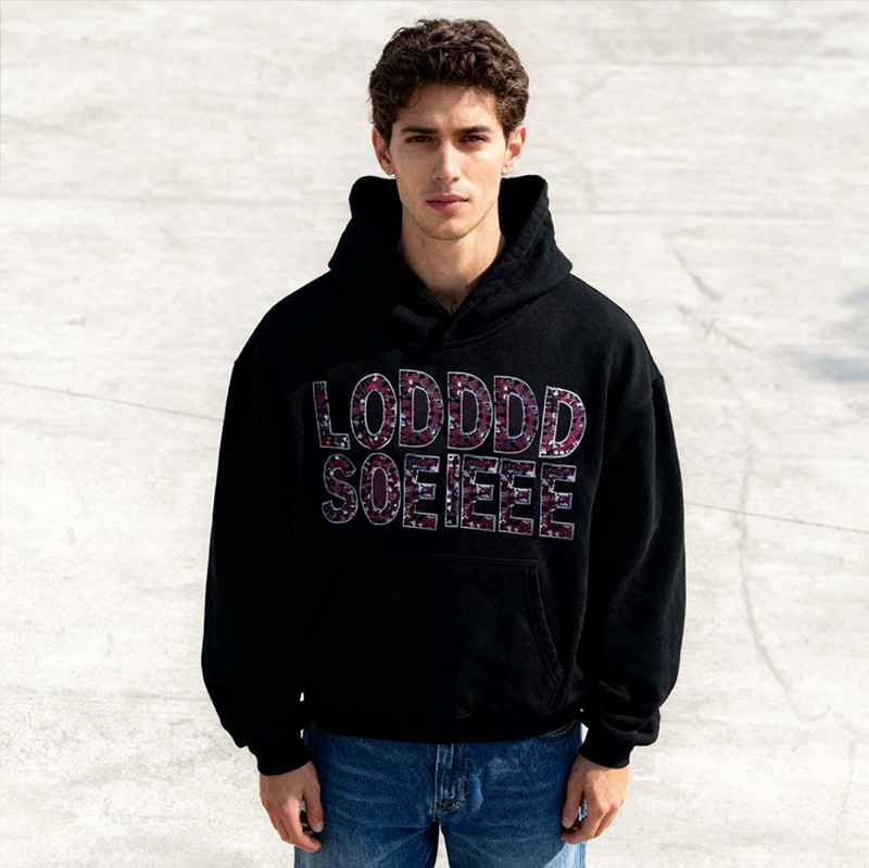 Men’s 450-500GSM Heavyweight Black Zip-Up Hoodie | Multicolor Rhinestone Embellished Sleeves | Oversized Streetwear