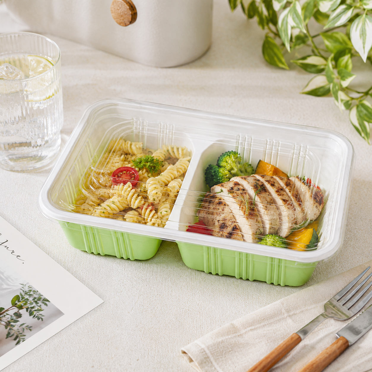Meal Prep Multi Compartment Trays Two Section Green PP Food Container with Clear Lid