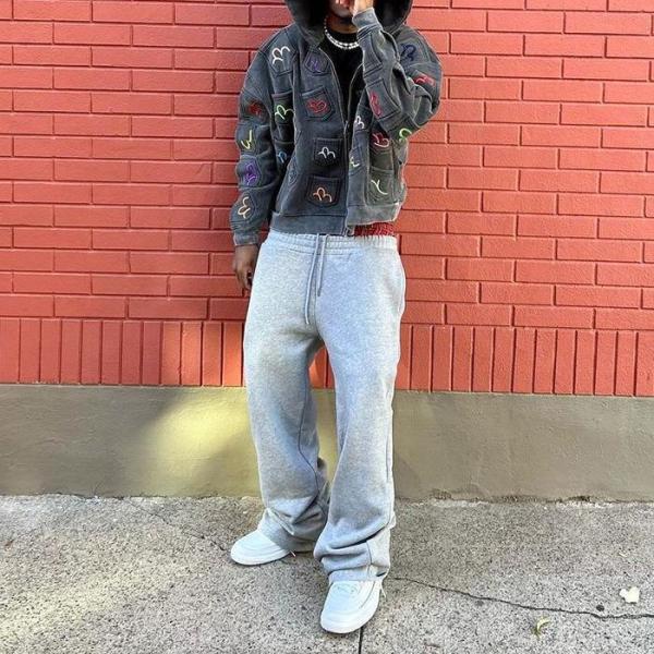 Proveedor personalizado de algodón suelto, ligero, de piernas anchas, pantalones de sudor con bolsas, hombres, logotipo de impresión, pantalones de sudor de cintura doble, francés, Terry