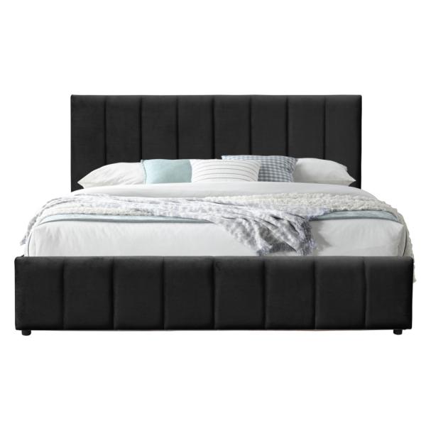 Black Velvet Fabric King Size Gas Lift Bed Wooden Frame