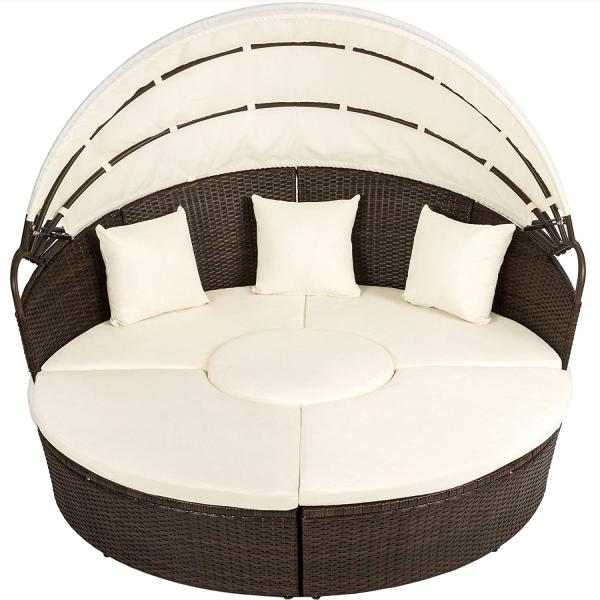 Round Outdoor Rattan Daybed Wicker Garden Daybed With Big Sunshade