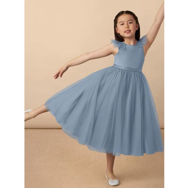 Popular Girl Kids Dress Blue Tulle OEM ODM Baby Flower Girl Dresses Sleeveless Round Neckline Ruffles Ball Gown Retailer