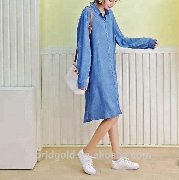 Roll Up Sleeves Women Denim Blouses And Tops , Casual Oversized Denim Dress