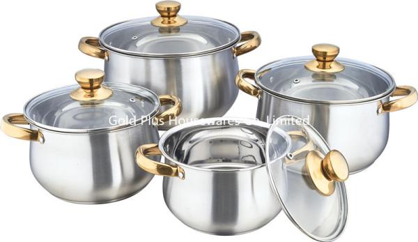 8Pcs Set 410 Stainless Steel Stock Pot Nonstick Golden Color