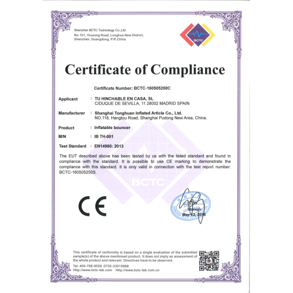 About Tonghuan Inflatables Certifications