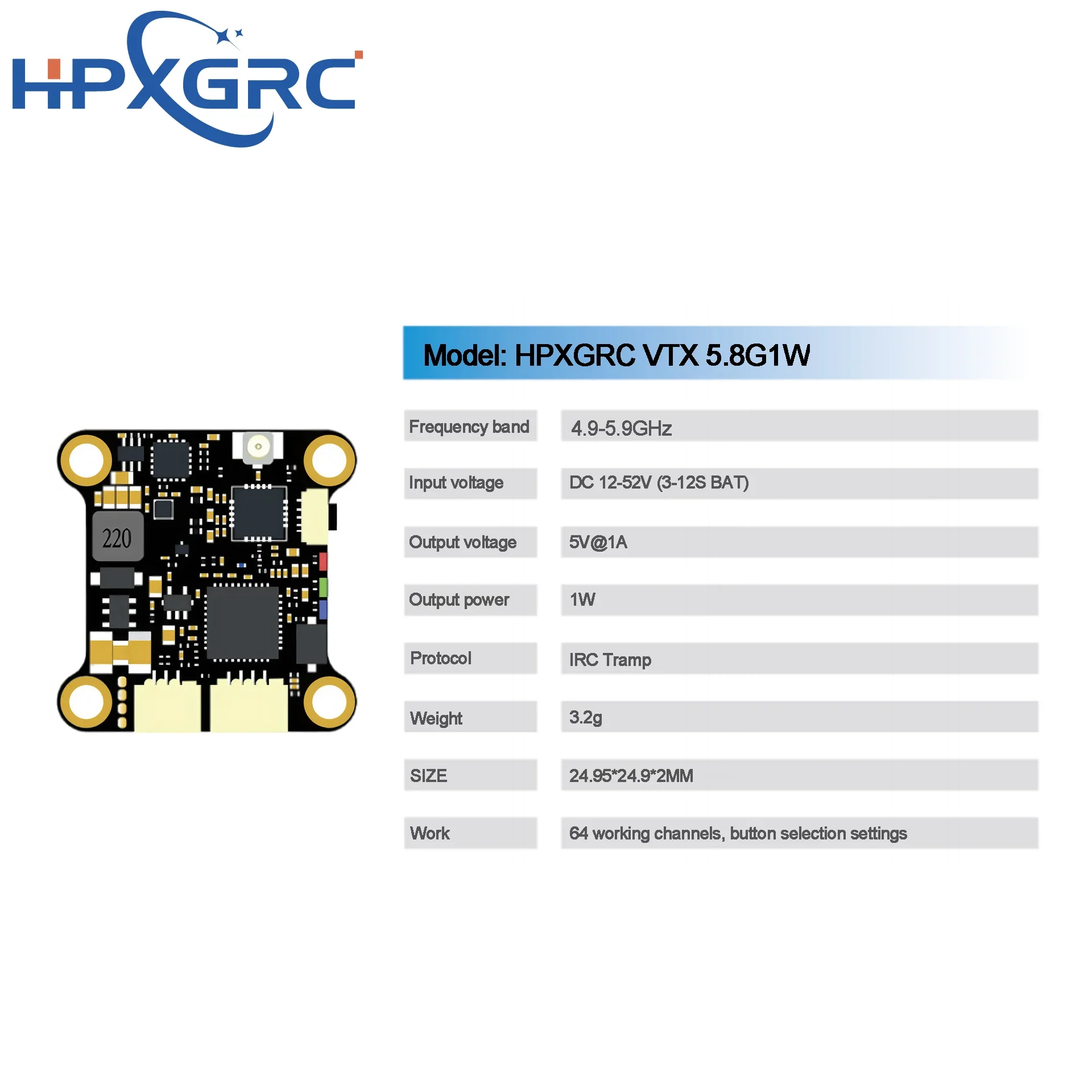 Hpxgrc 5.8g 1w Fpv Vtx Stable  Clear, 64-Bit Long Range Video Transmitter with Easy Setup
