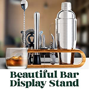 Minimalist Design 10 in 1 Stainless Steel Cocktail Shaker Set with Wooden Stand 750ml