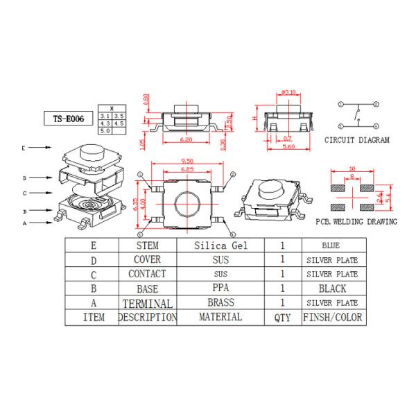 Surface Mount 4 Pin Momentary Switch Blue Soft Push Button Tactile Switch