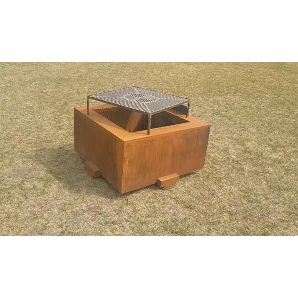 Large Corten Steel Wood Burning Square Fire Pit Table For Outdoor Cooking