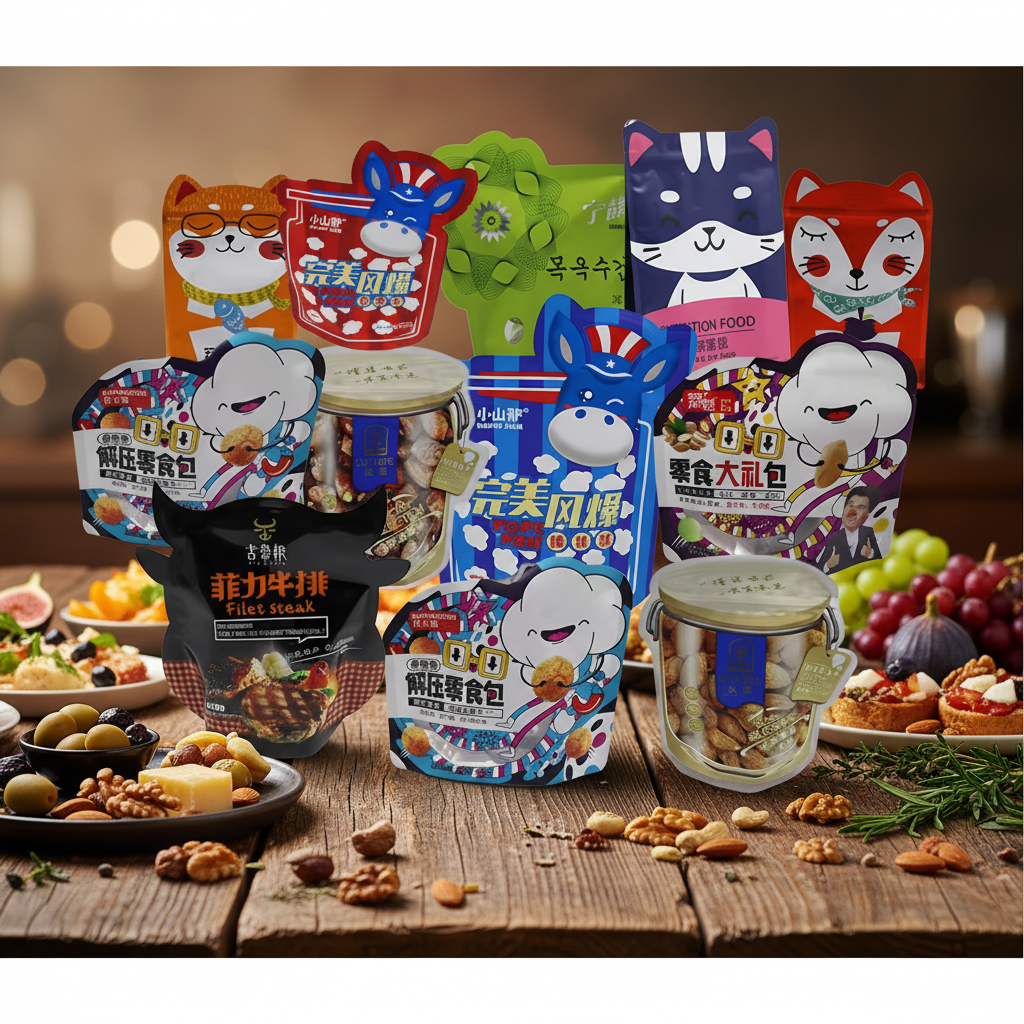 Vibrant Custom Cartoon-Shaped Snack Pouches Collection Character-Themed Disposable Flexible Packaging CPP MM Assorted Snacks