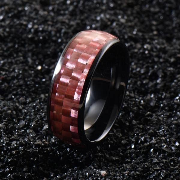 Banda de boda de cerámica negra de 8 mm con incrustación de fibra de carbono rosa y ajuste invisible