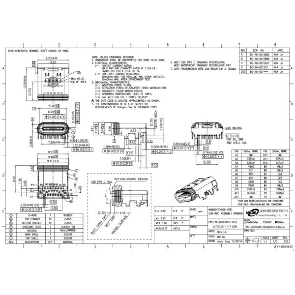 IPX8 USB Connectors SMT 24 Pins USB Type C Vertical Connector