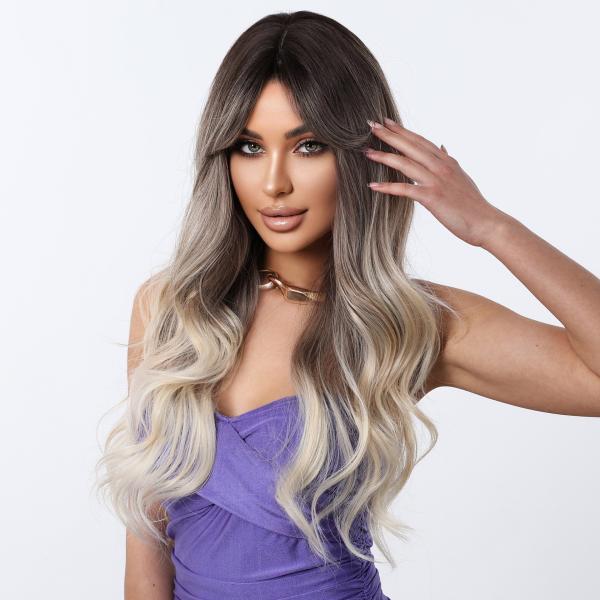 Fashion Long Body Wave Dark Root Hair  Blonde Synthetic Wigs For Women