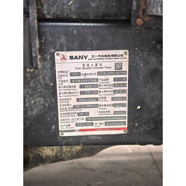 Used 2021 SANY 52m Boom Pump Truck 180 m³/h Concrete Output