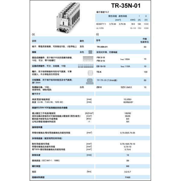 Терминальный AWG ширины 15.2mm 600V 150A 0 рельсов гама терминальные блоки 18 до 1/