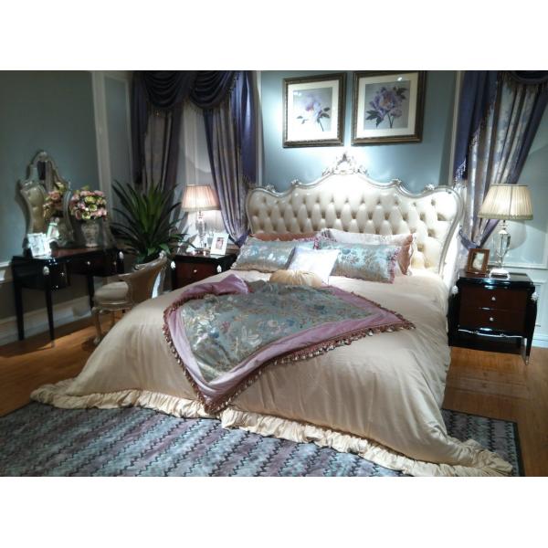 Luxury Classic Bedroom Furniture Queen size Bed Flower Craft Wood and Leather Headboard in Sliver White painting