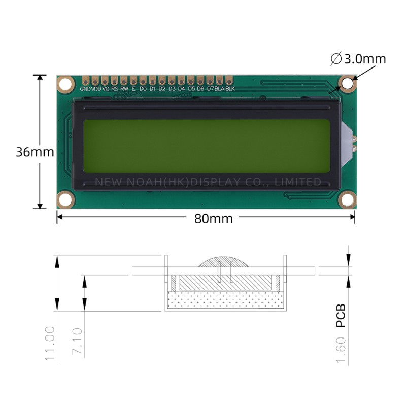 European Yellow Green Film 1601A Character LCD Module 1.5 Inches High Brightness LCD Screen