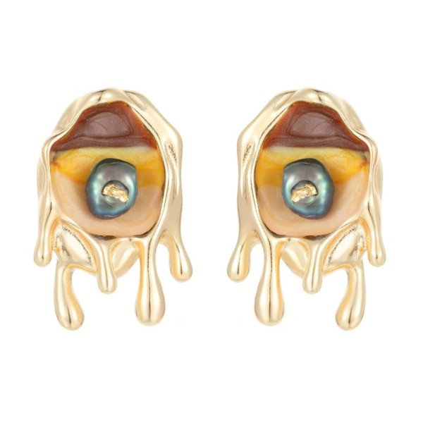 Fashion 14K Plate Gold French Retro Baroque Natural Pearl Earrings Enamel Monet Garden Style Studs Jewelry Gift