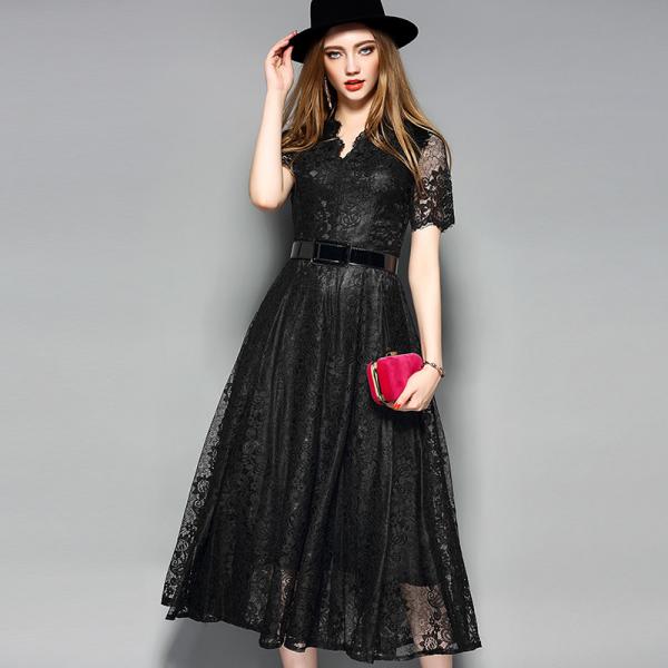 Black wholesale  Belted Lace Dress for Women Clothing with zipper