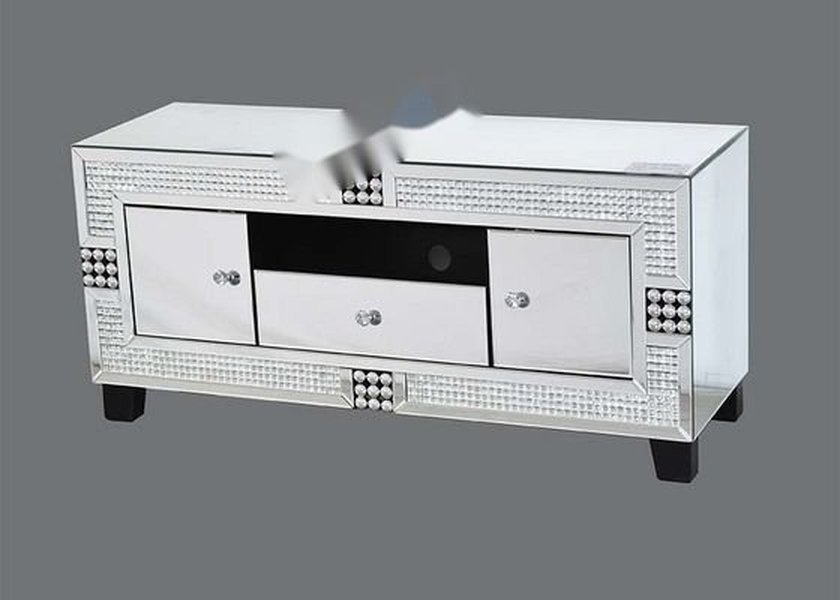 JS-TV01 Super White Mirrored Glass Electric Fireplace TV Stand with Contemporary Mantle Structure