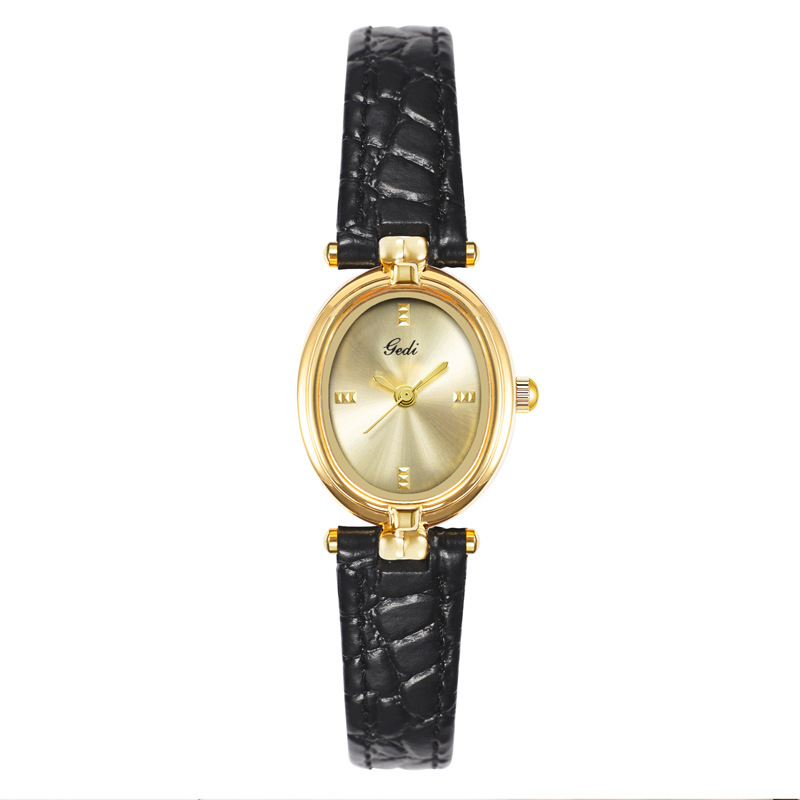 Vintage Women's Dress Watch – Sunburst Gold Dial Black Leather Strap