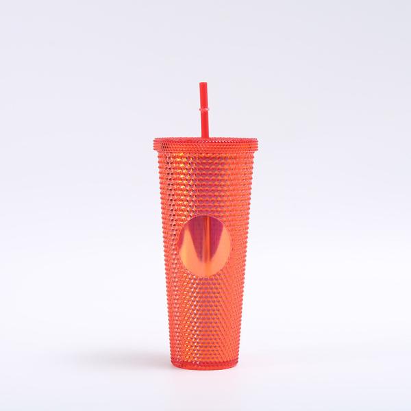 24oz Studded Tumbler Glossy Pink Iced Coffee Cups With Lids Reusable 24 Oz Tumbler With Lid And Straw Reusable Iced Coffee Cup Bling Cup