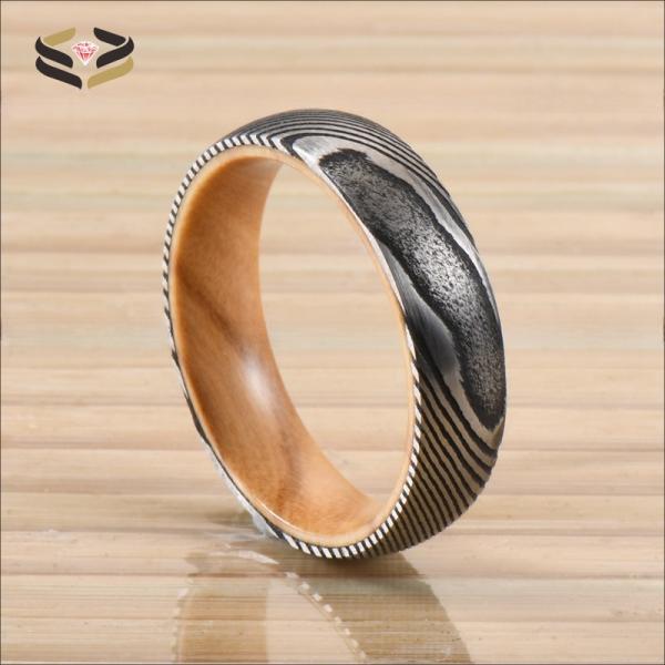 Anneaux de mariage d'acier de Damas, manches en bois d'olivier, incrustées, 6 mm, 8 mm, cadeau de Noël