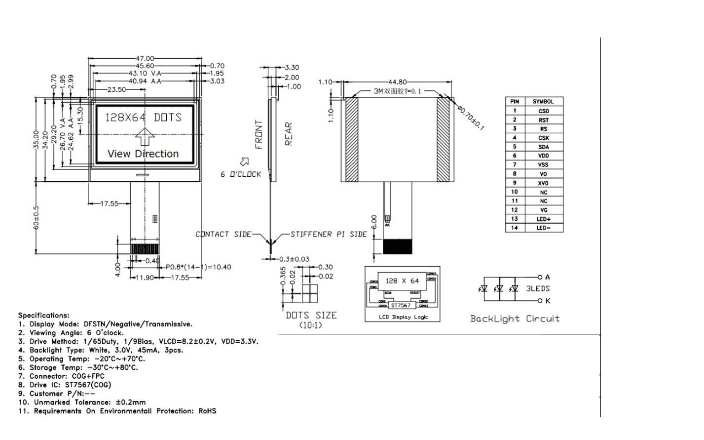 Индивидуальные точки модуля дисплея 128X64 DFSTN Lcd управляя IC ST7567 1/65 Duty, 1/9Bias,
