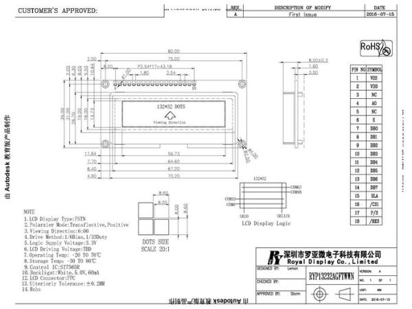 MÓDULO do LCD da RODA DENTEADA do motorista do ODM ST7565R do OEM com PCBA RYP13232AGFTWWN